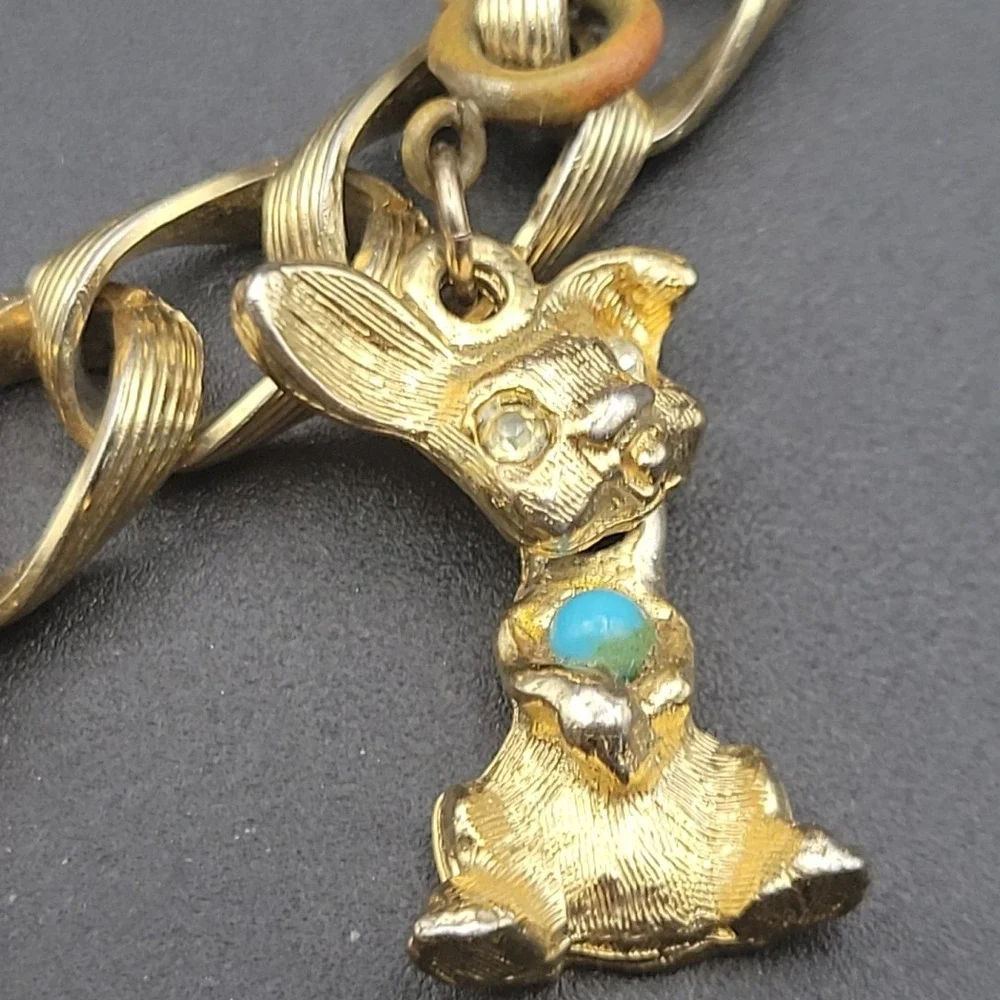 Vintage Gold Tone Multi Charm Bracelet Lucky 13 Dog Rabbit Bicycle 7.25in Kitsch